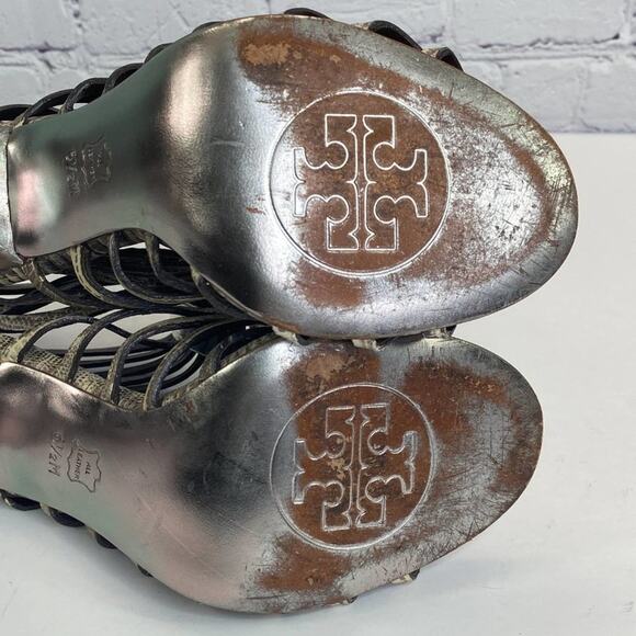 Tory Burch Strappy Peep Toe Heels Size 6.5 Animal Print Buckles Designer Shoes - Picture 10 of 12